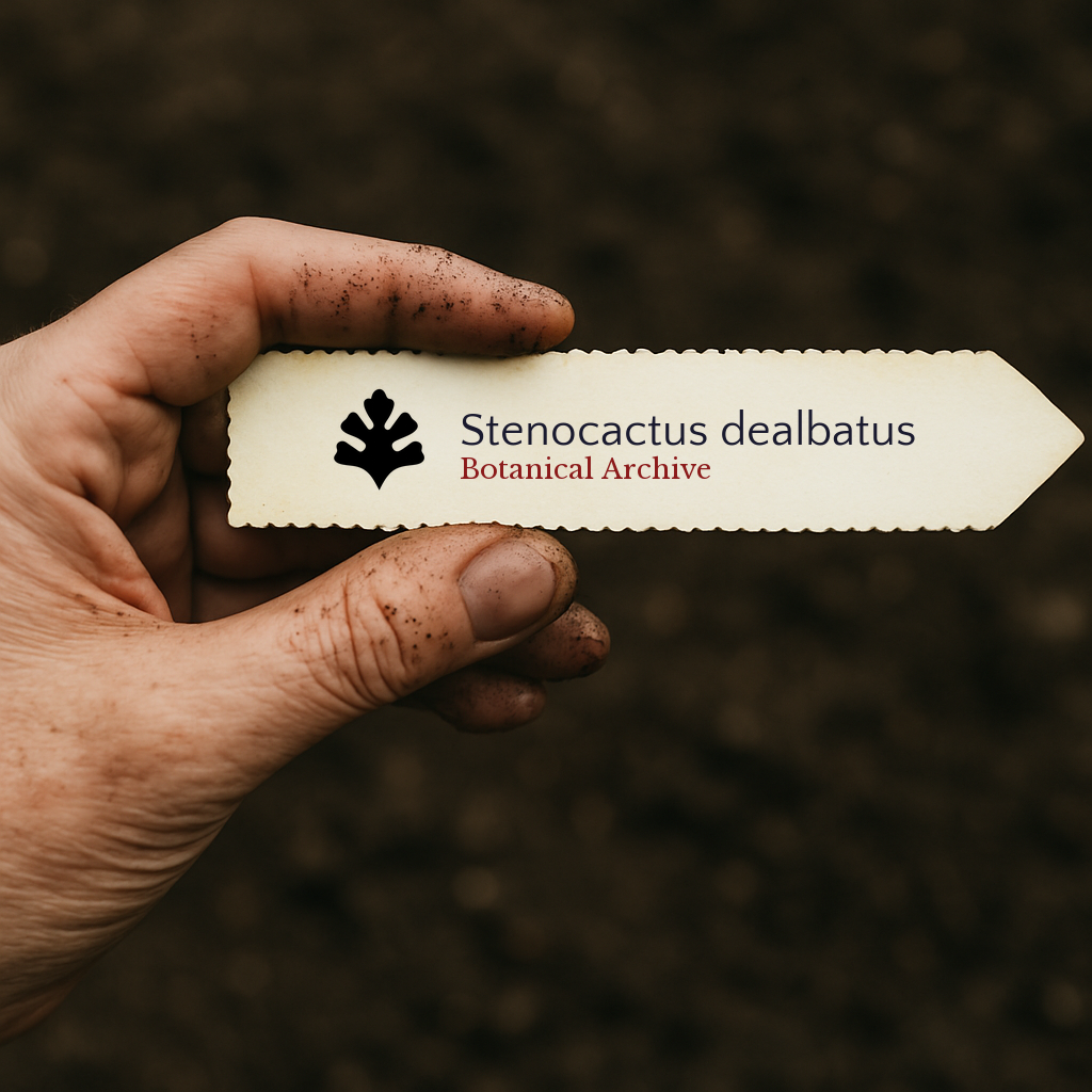 Printed plant label for Stenocactus dealbatus held in dirty hand over soil background