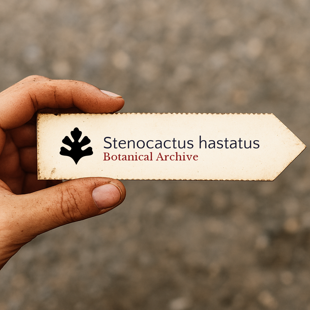 Etichetta stampata per pianta di Stenocactus hastatus tenuta in mano con il logo di Botanical Archive