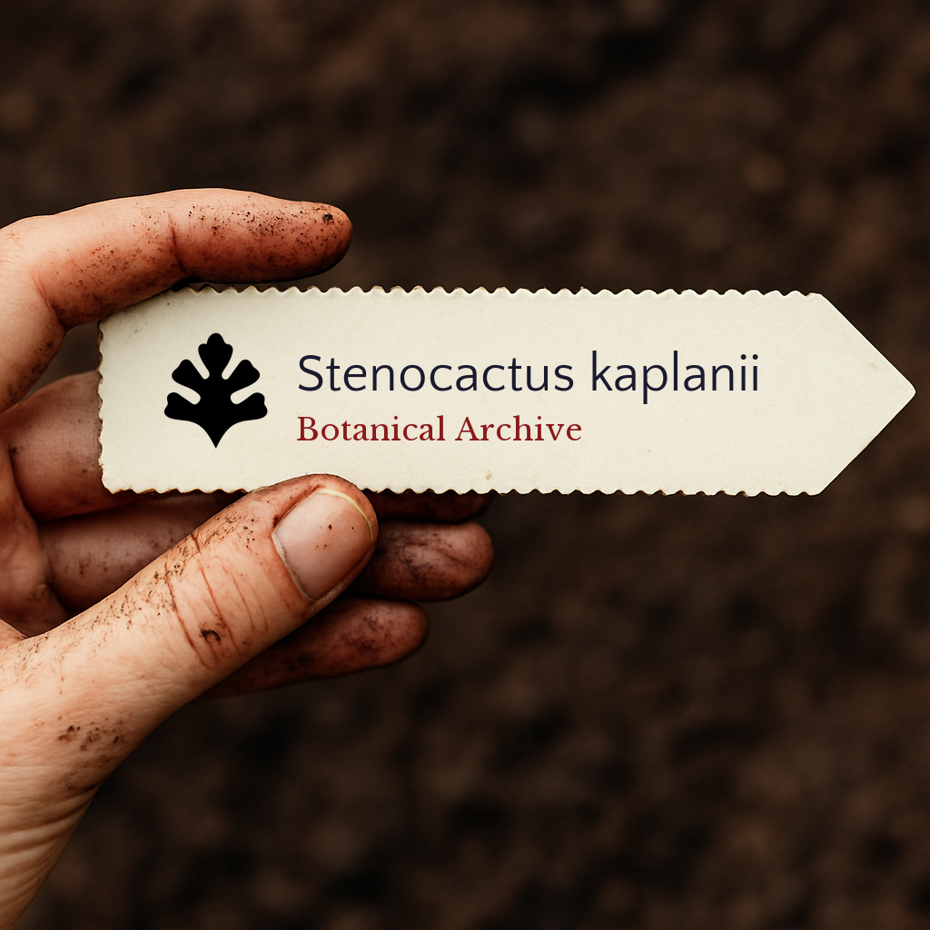 Etichetta stampata per pianta di Stenocactus kaplanii tenuta da una mano sporca su sfondo di terreno
