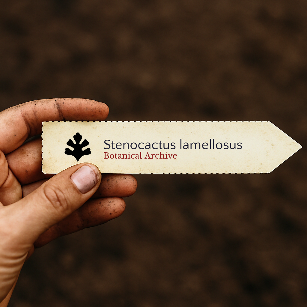 Printed plant label for Stenocactus lamellosus held by dirty hand over soil background