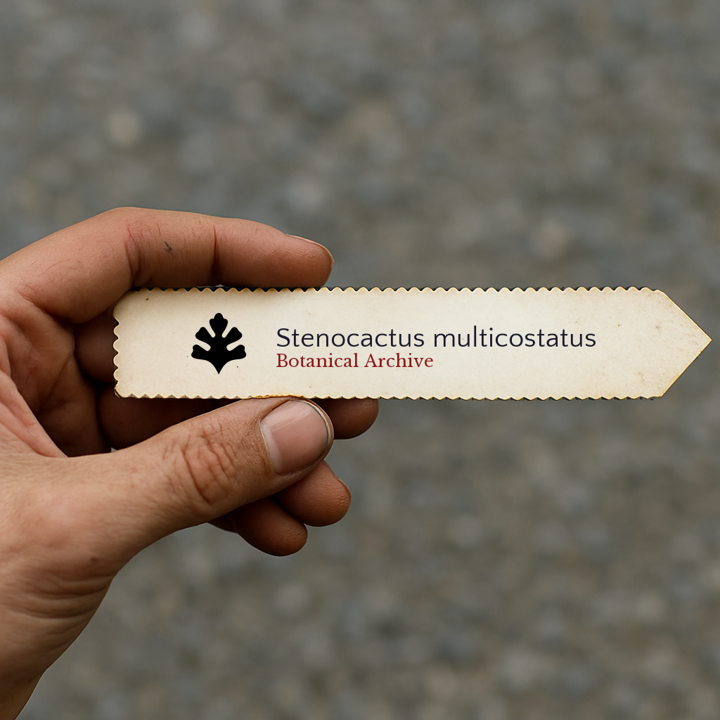 Etichetta per pianta stampata per Stenocactus multicostatus tenuta in mano con bordi decorativi
