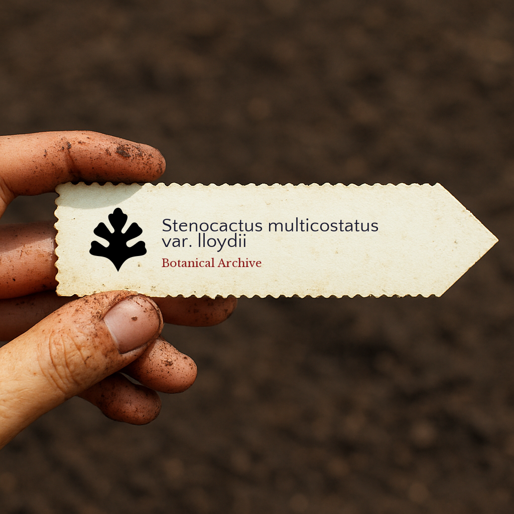 Printed plant label for Stenocactus multicostatus var. lloydii held by dirty hand over soil background
