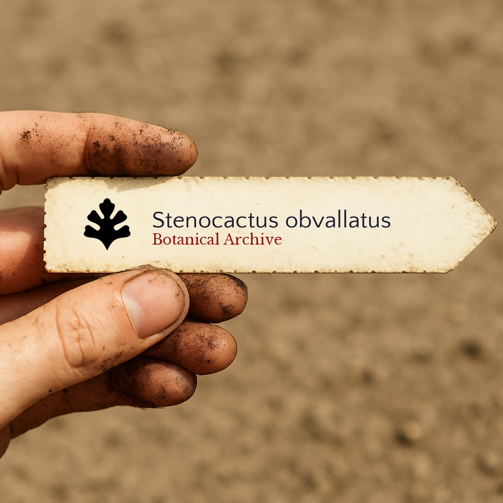 Printed plant label for Stenocactus obvallatus held by dirty hand against soil background