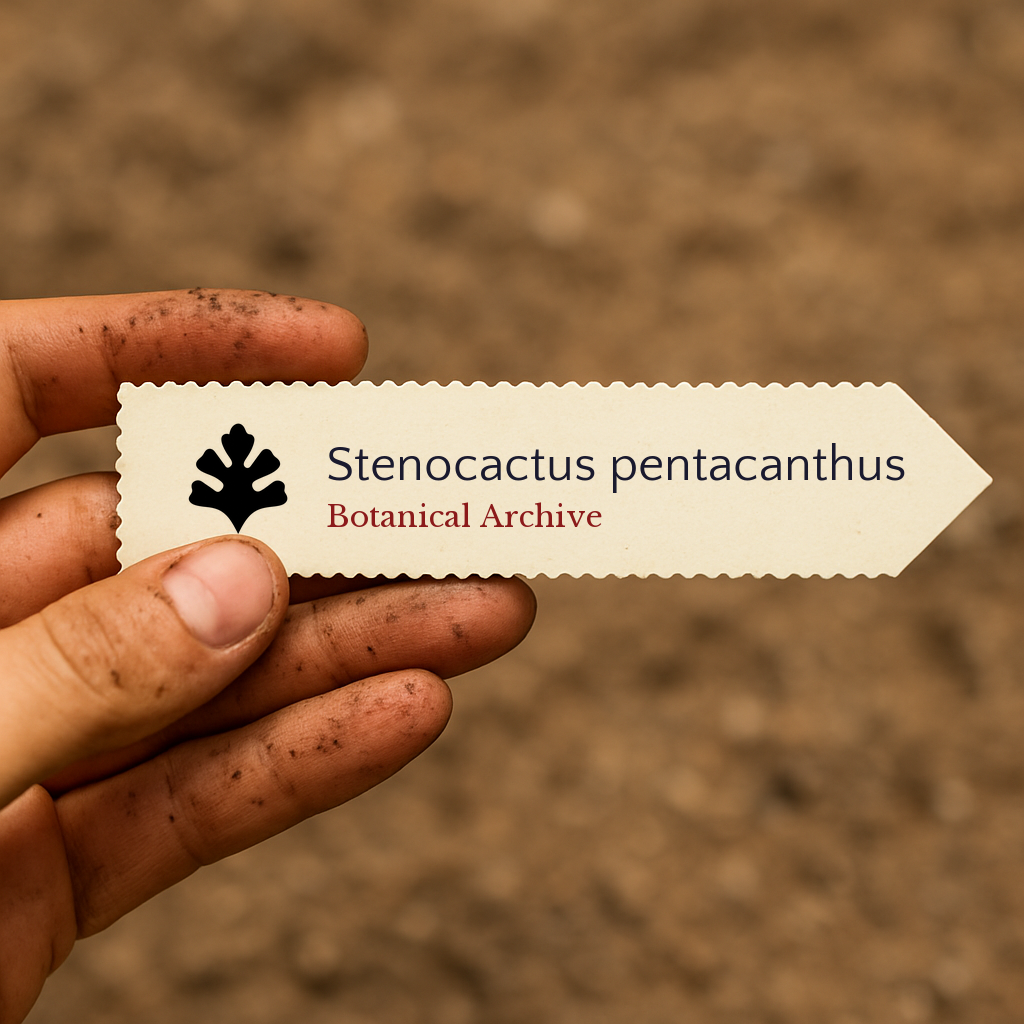 Printed plant label for Stenocactus pentacanthus held by dirty hand over soil background