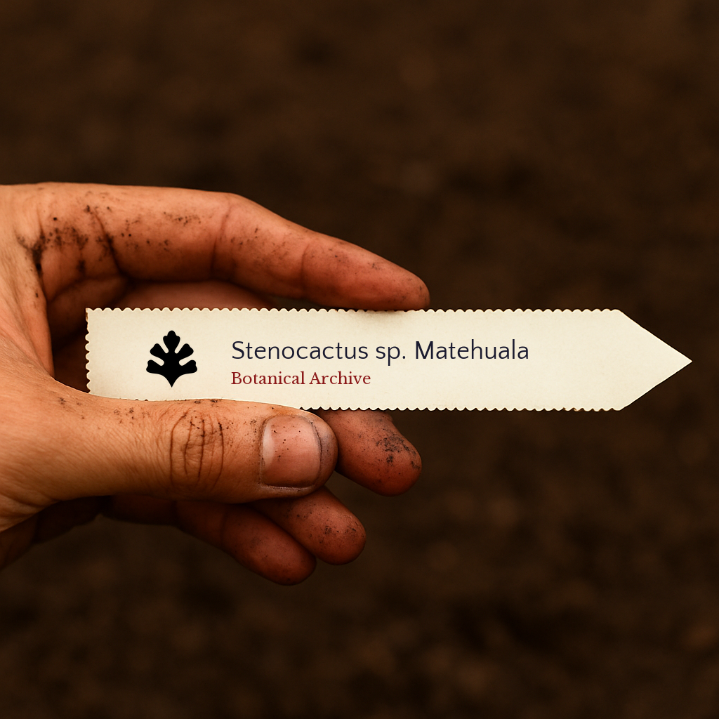 Printed plant label for Stenocactus sp. Matehuala held by dirty hand over soil background