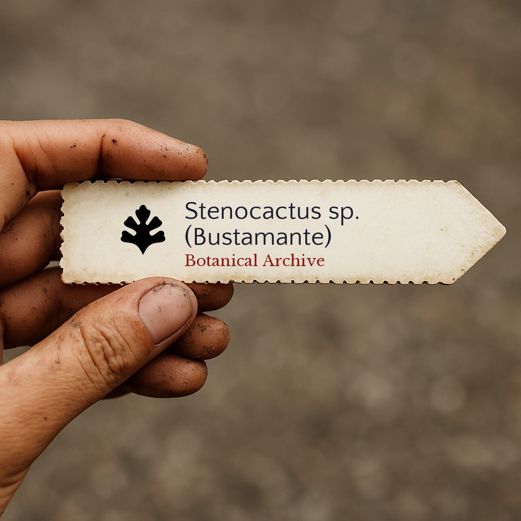 Etichetta stampata per pianta di Stenocactus sp. (Bustamante) tenuta in mano con sfondo di terra