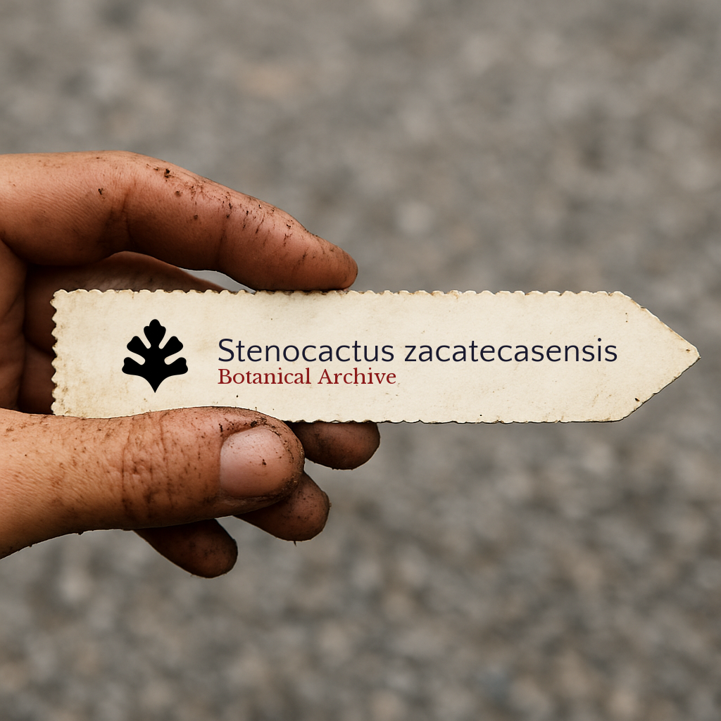 Handheld vintage plant label for Stenocactus zacatecasensis with botanical archive logo