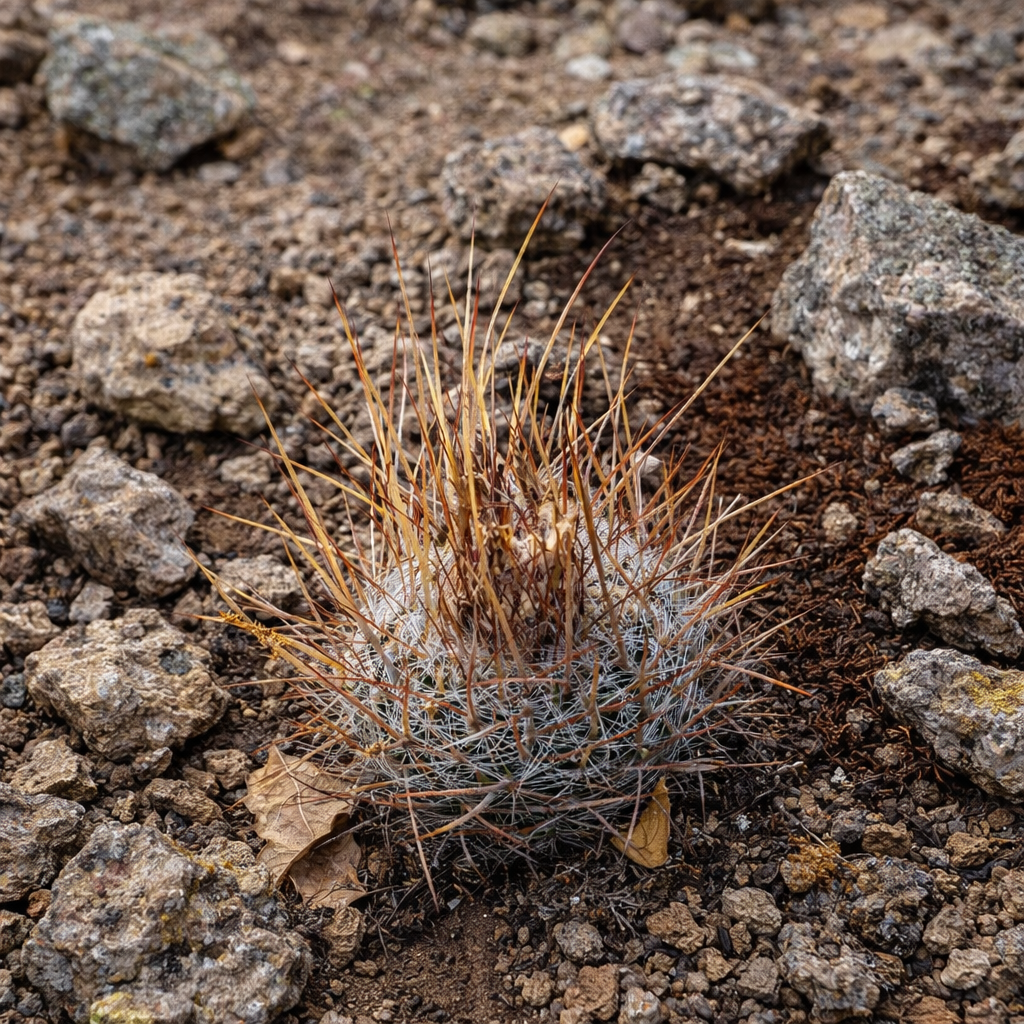 Stenocactus ochoterenianus small round cactus with long orange spines on rocky soil