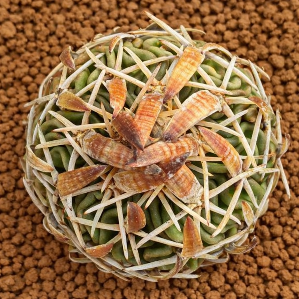 Stenocactus phyllacanthus raro cactus con spine curve e corpo verde costoluto su terreno marrone
