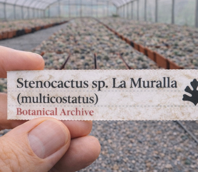 Printed plant label for Stenocactus sp. La Muralla (multicostatus) in greenhouse nursery