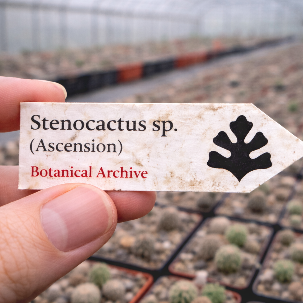 Etichetta stampata per pianta di Stenocactus sp. (Ascension) in vassoi per semenzali del vivaio