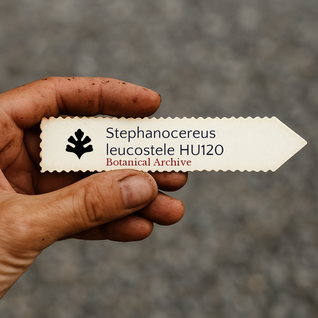Printed plant label for Stephanocereus leucostele HU120 held by dirty hand