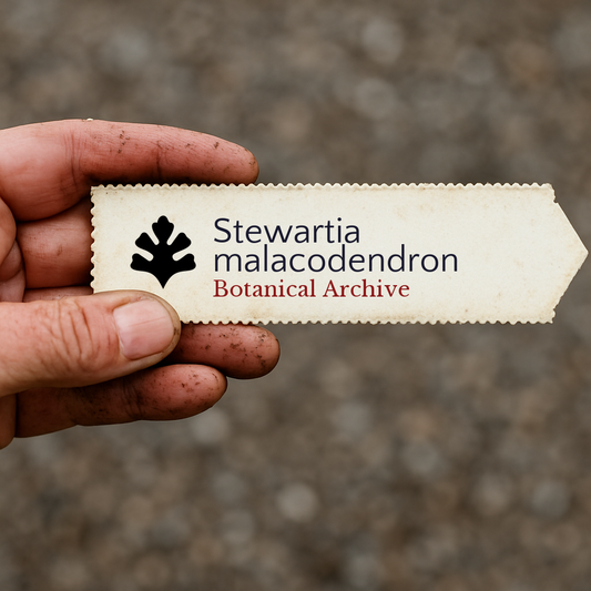 Printed plant label for Stewartia malacodendron with botanical archive logo held by hand