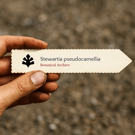 Printed plant label for Stewartia pseudocamellia held by dirty hand with blurred soil background