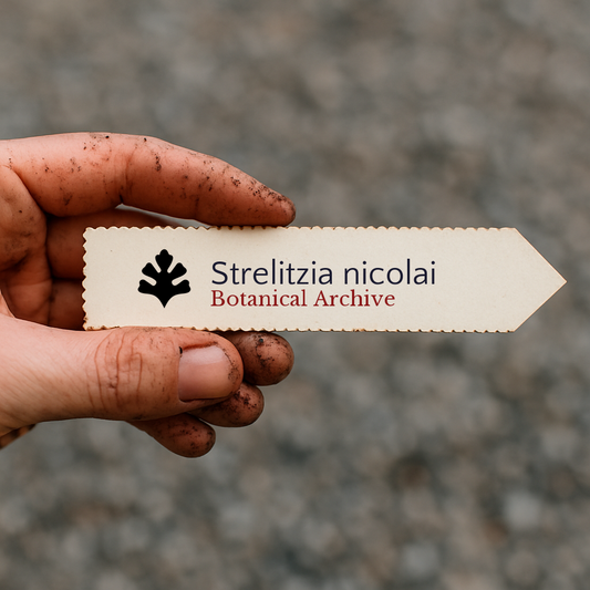 Printed plant label for Strelitzia nicolai held by dirty hand outdoors