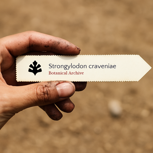 Printed plant label for Strongylodon craveniae held by hand with soil-stained fingers