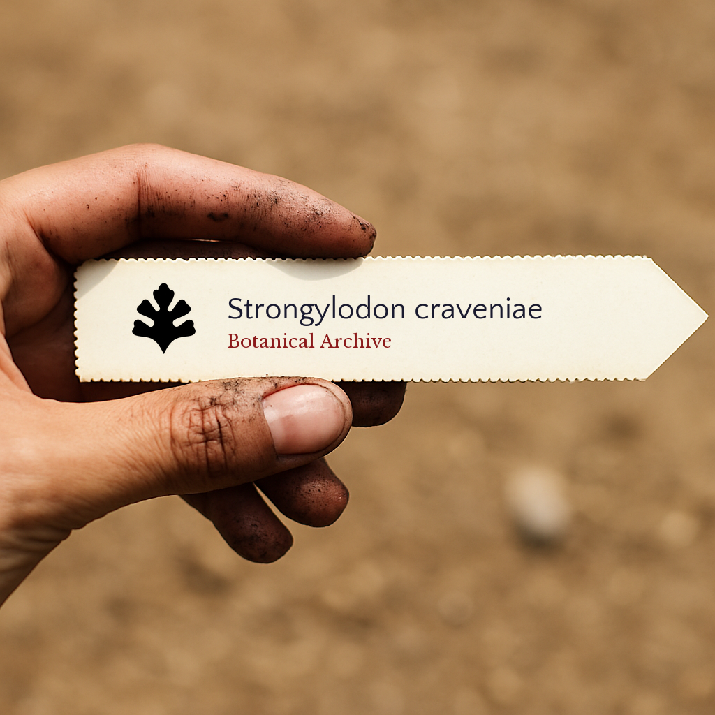 Printed plant label for Strongylodon craveniae held by dirty hand over soil background