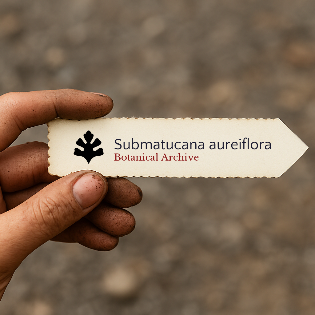 Etichetta stampata della pianta Submatucana aureiflora tenuta da una mano sporca all'aperto