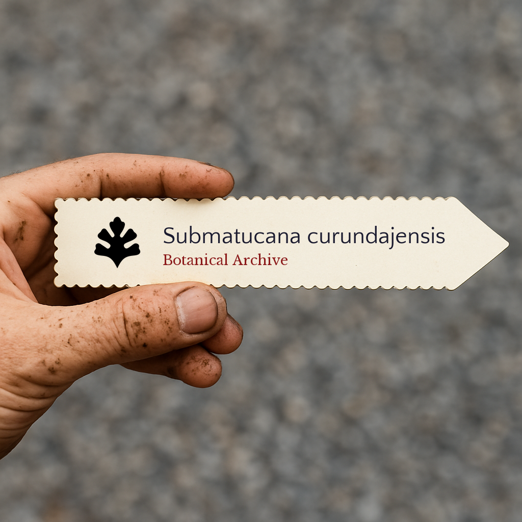 Printed plant label for Submatucana curundajensis with botanical archive logo held by hand