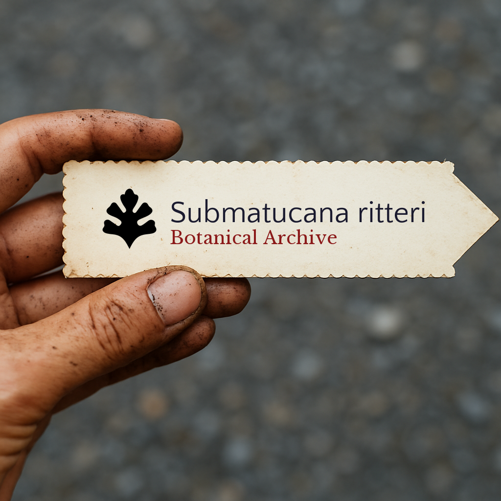Etichetta per pianta stampata per Submatucana ritteri tenuta a mano con sfondo di terra