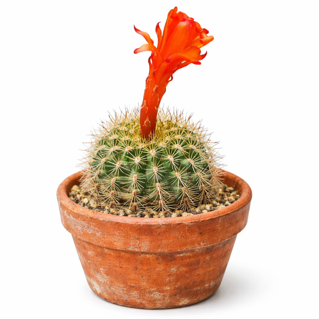 Submatucana huagalensis small spiny cactus with bright orange tubular flower in terracotta pot