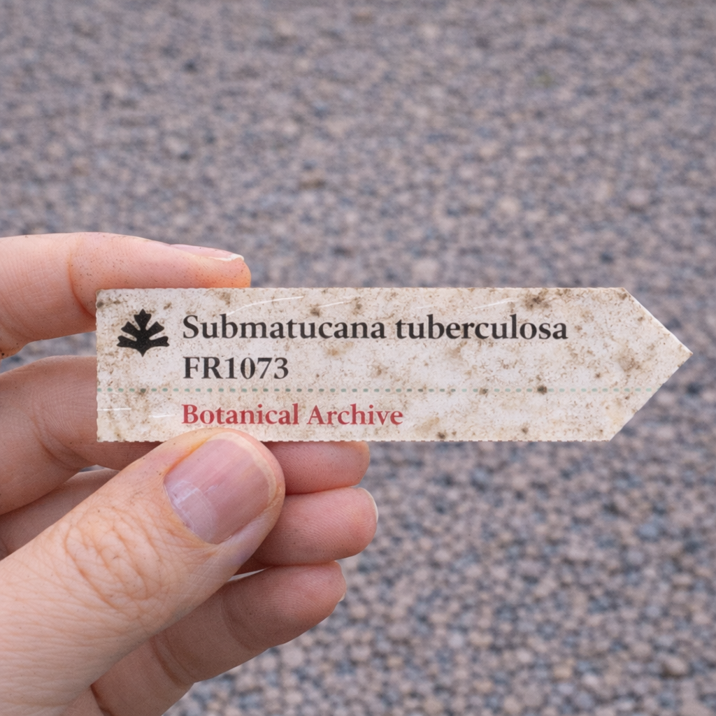 Printed plant label for Submatucana tuberculosa held by hand with dirt marks