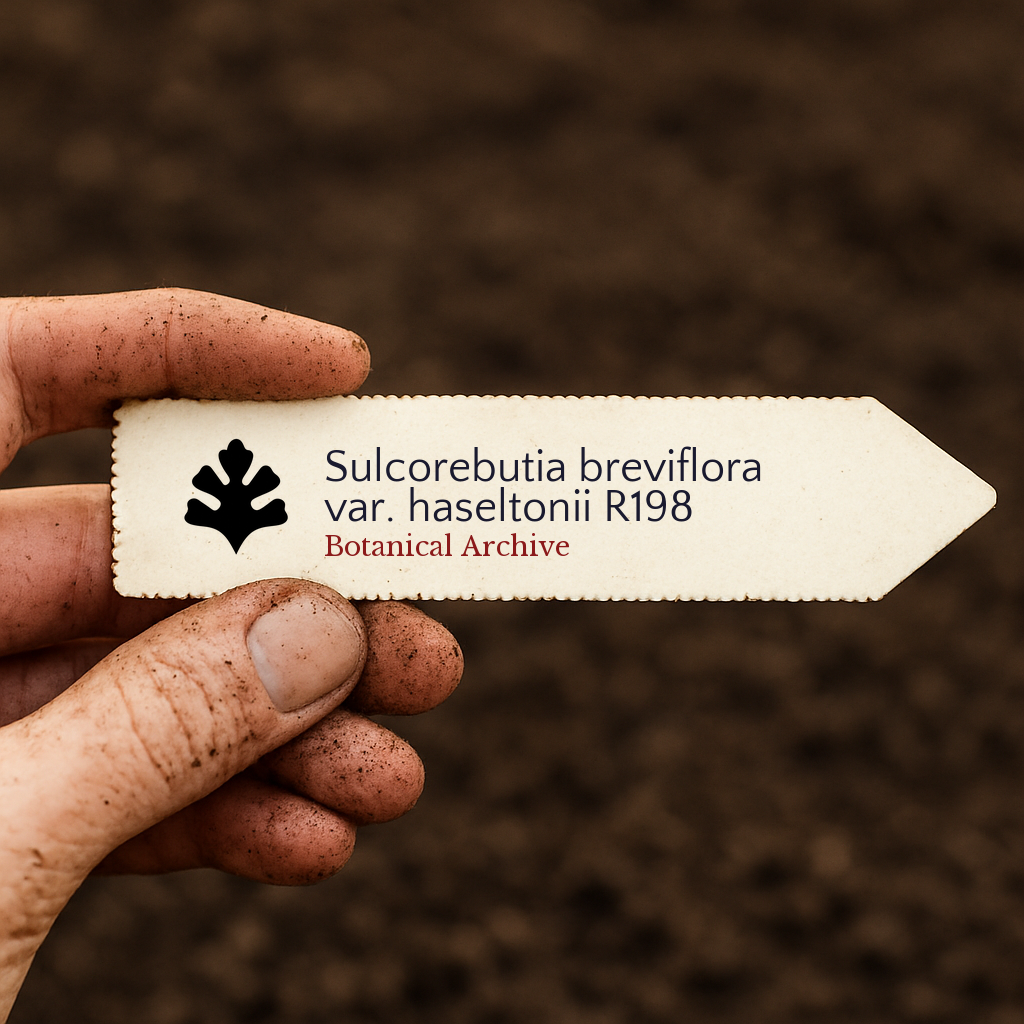 Printed plant label for Sulcorebutia breviflora var. haseltonii held by dirty hand outdoors