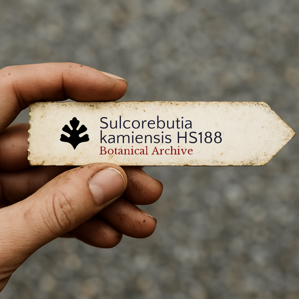 Etichetta per pianta stampata per Sulcorebutia kamiensis HS188 tenuta a mano con sfondo di terra