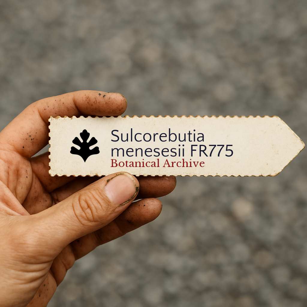 Printed plant label for Sulcorebutia menesesii held by hand with dirt background