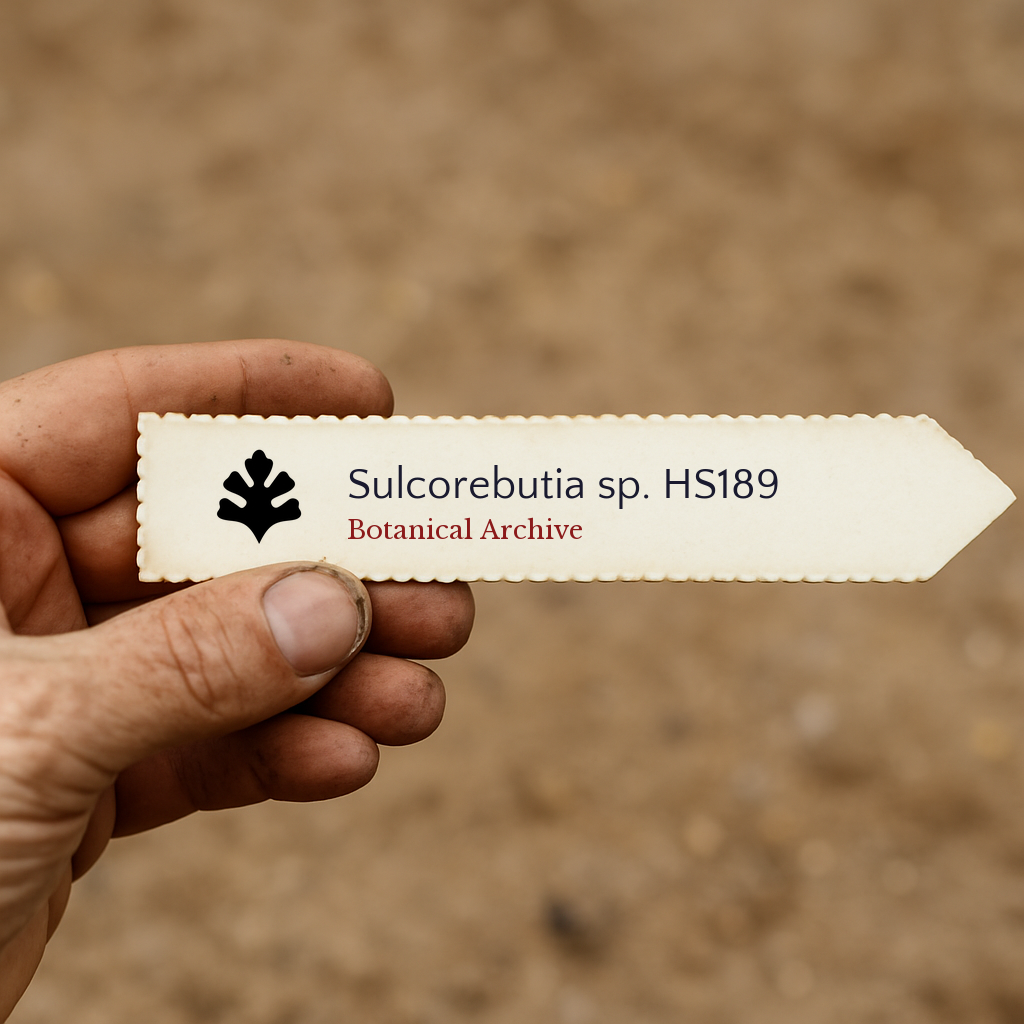 Printed plant label for Sulcorebutia sp. HS189 held against blurred soil background