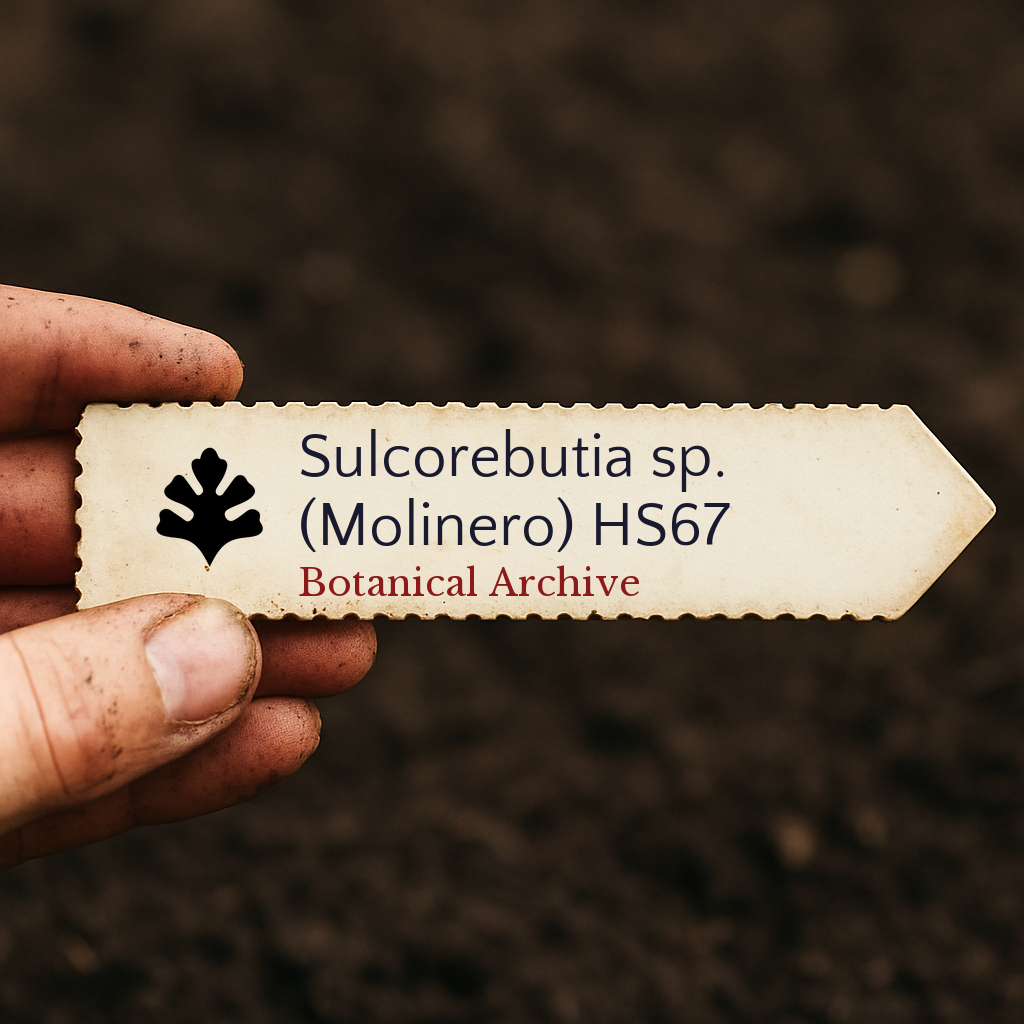 Etichetta stampata per pianta Sulcorebutia sp. (Molinero) HS67 su sfondo di terra