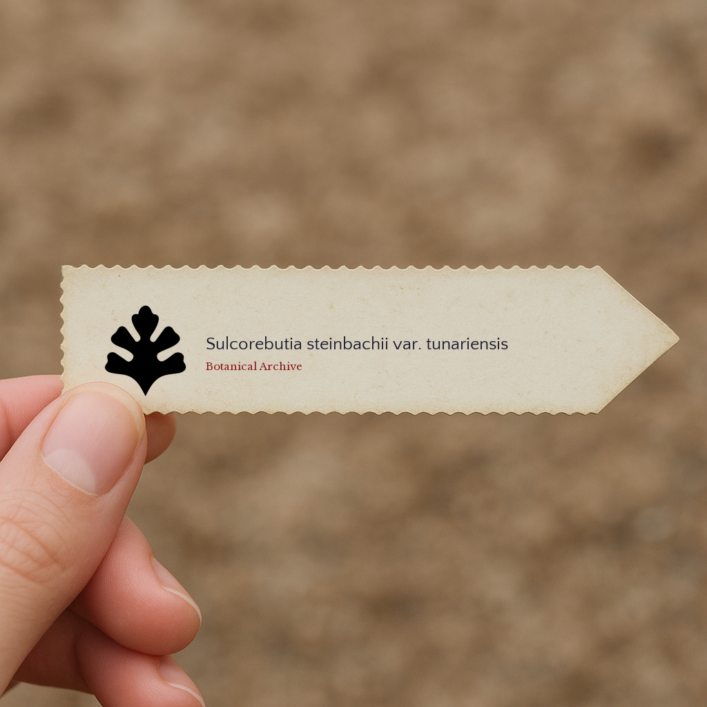 Printed plant label for Sulcorebutia steinbachii var. tunariensis held by hand on blurred background