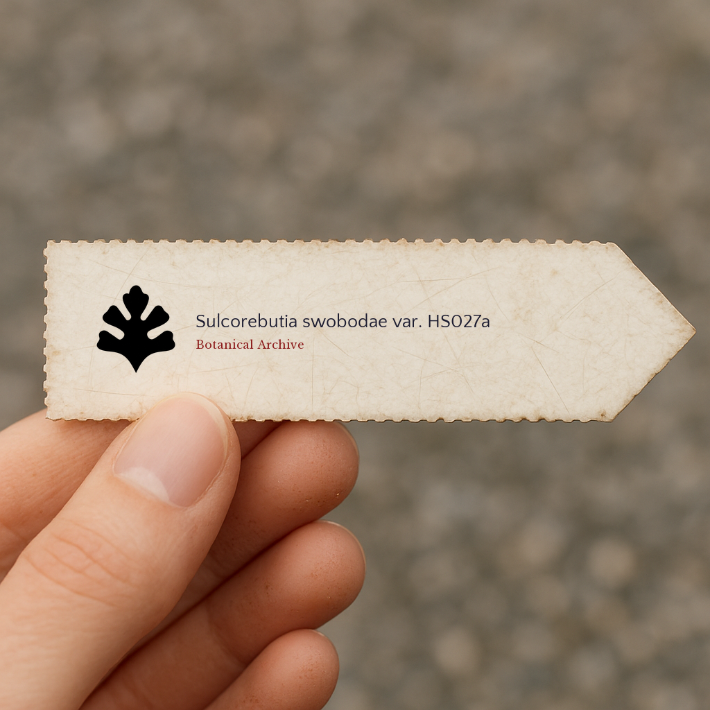 Printed plant label for Sulcorebutia swobodae var. HS027a held in hand