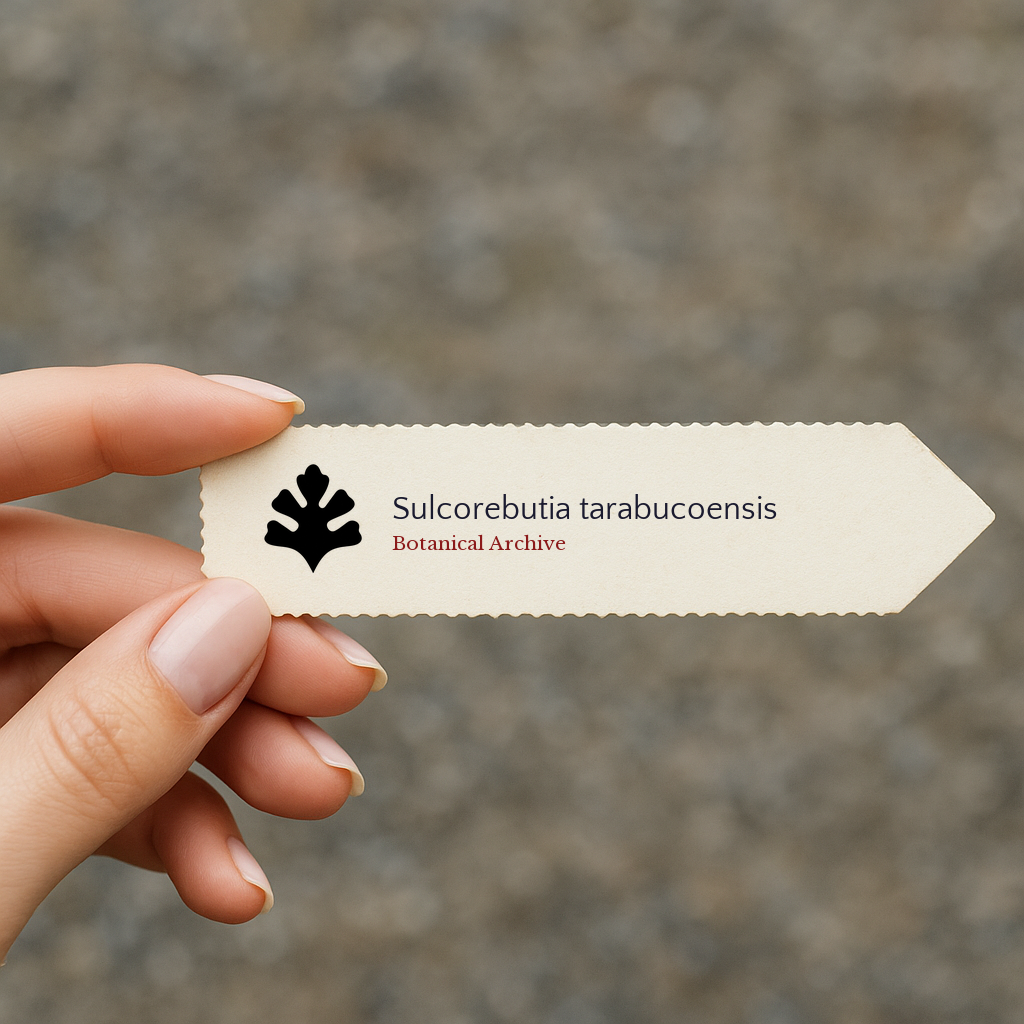 Printed plant label for Sulcorebutia tarabucoensis held by hand with botanical archive logo