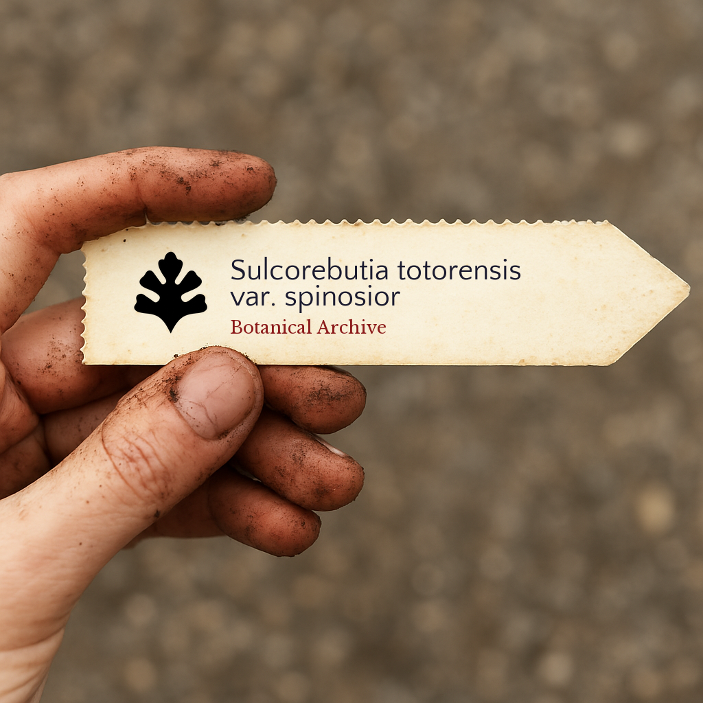 Etichetta botanica stampata per Sulcorebutia totorensis var. spinosior tenuta da una mano sporca all'aperto