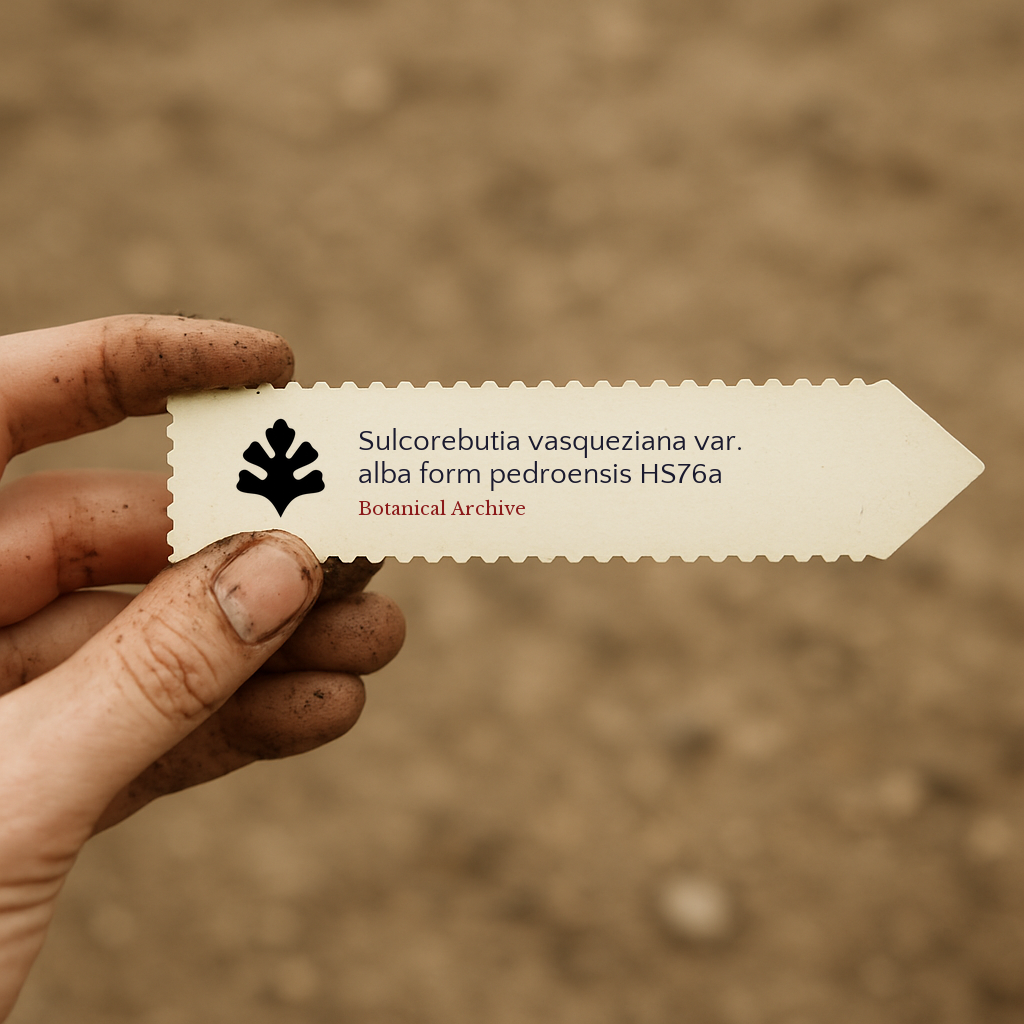 Printed plant label for Sulcorebutia vasqueziana var. alba form pedroensis held by dirty hand