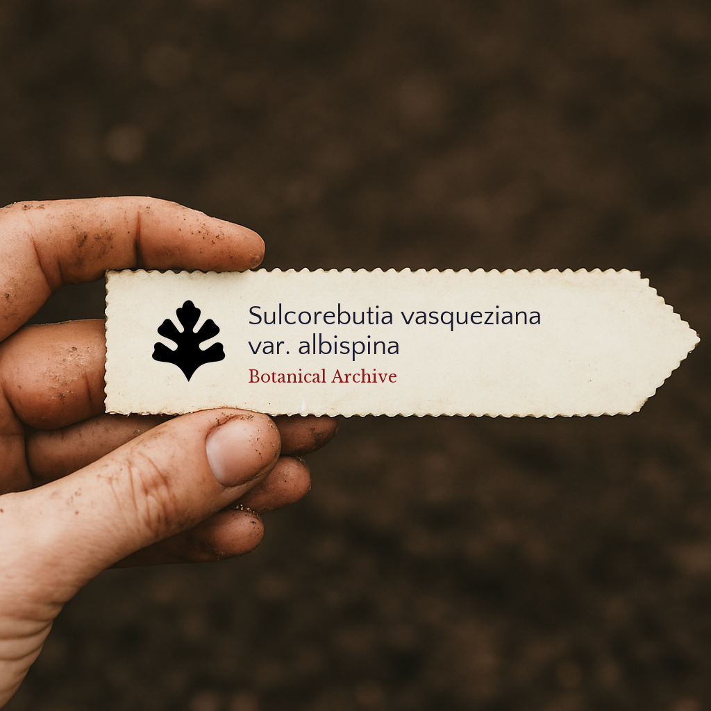 Etichetta stampata per pianta Sulcorebutia vasqueziana var. albispina tenuta sopra uno sfondo di terra