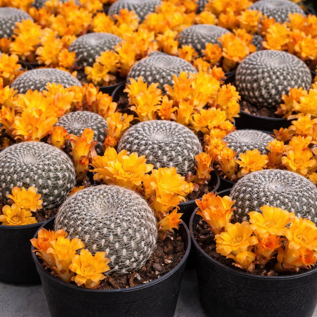 Sulcorebutia arenacea small round cactus with bright orange flowers in black pots