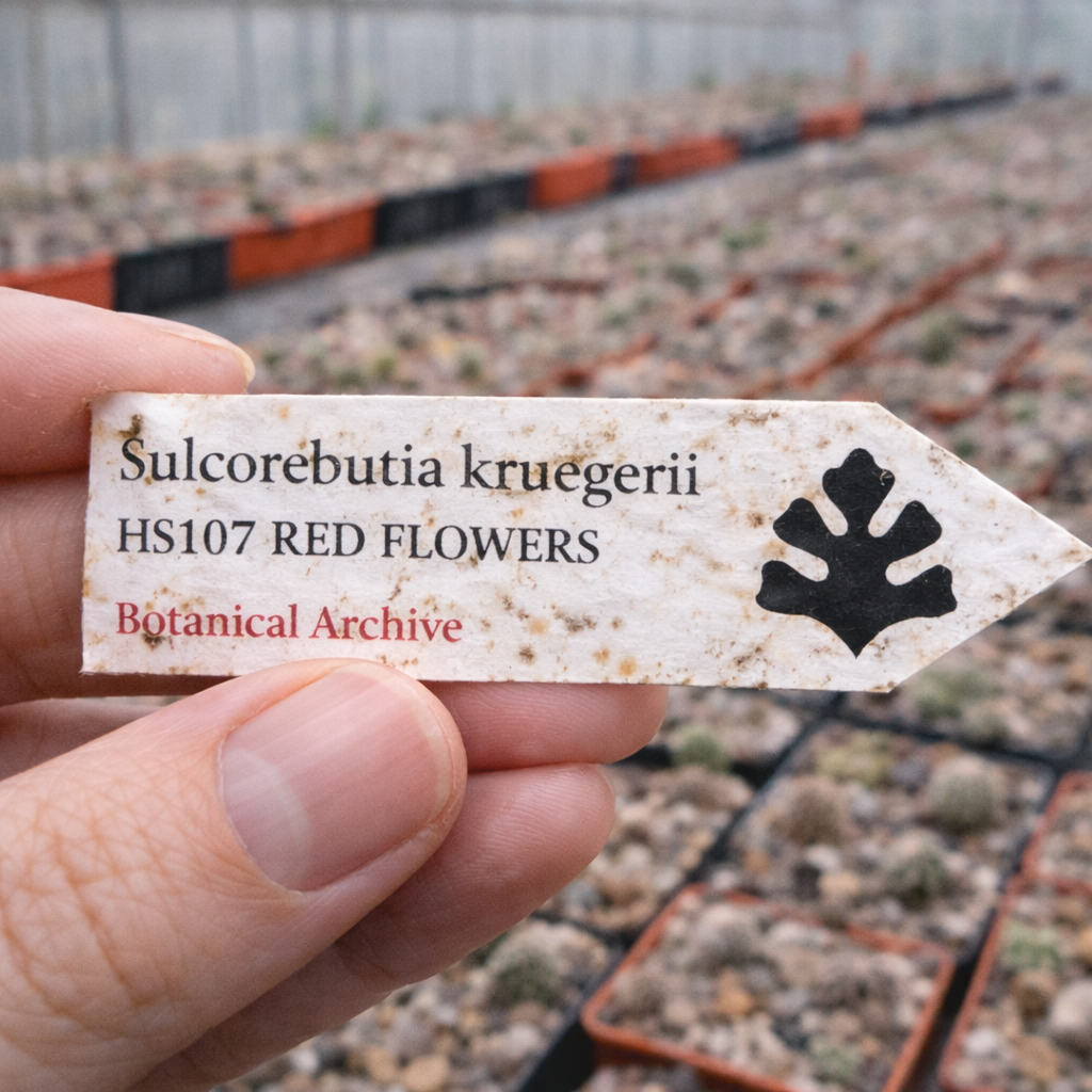 Printed plant label for Sulcorebutia kruegerii held in hand with nursery background