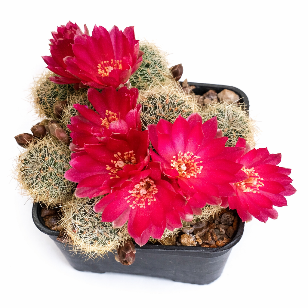 Sulcorebutia losenickyana cactus with bright red flowers in small black pot