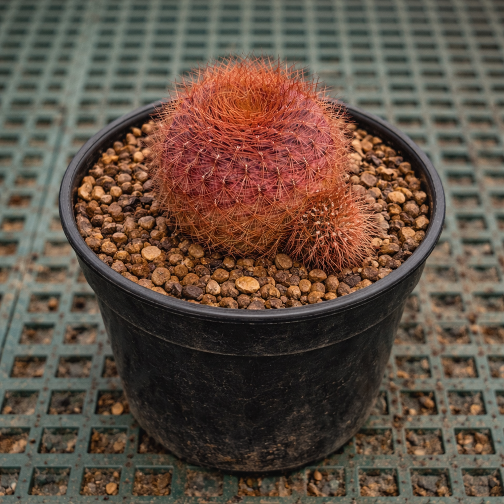 Sulcorebutia swobodae rare red spiny cactus succulent in black nursery pot with rocky soil