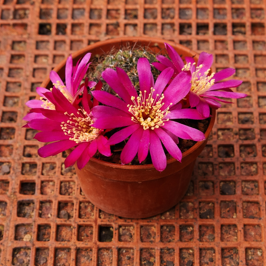 Sulcorebutia tiraquensis cactus with bright magenta flowers in small terracotta pot