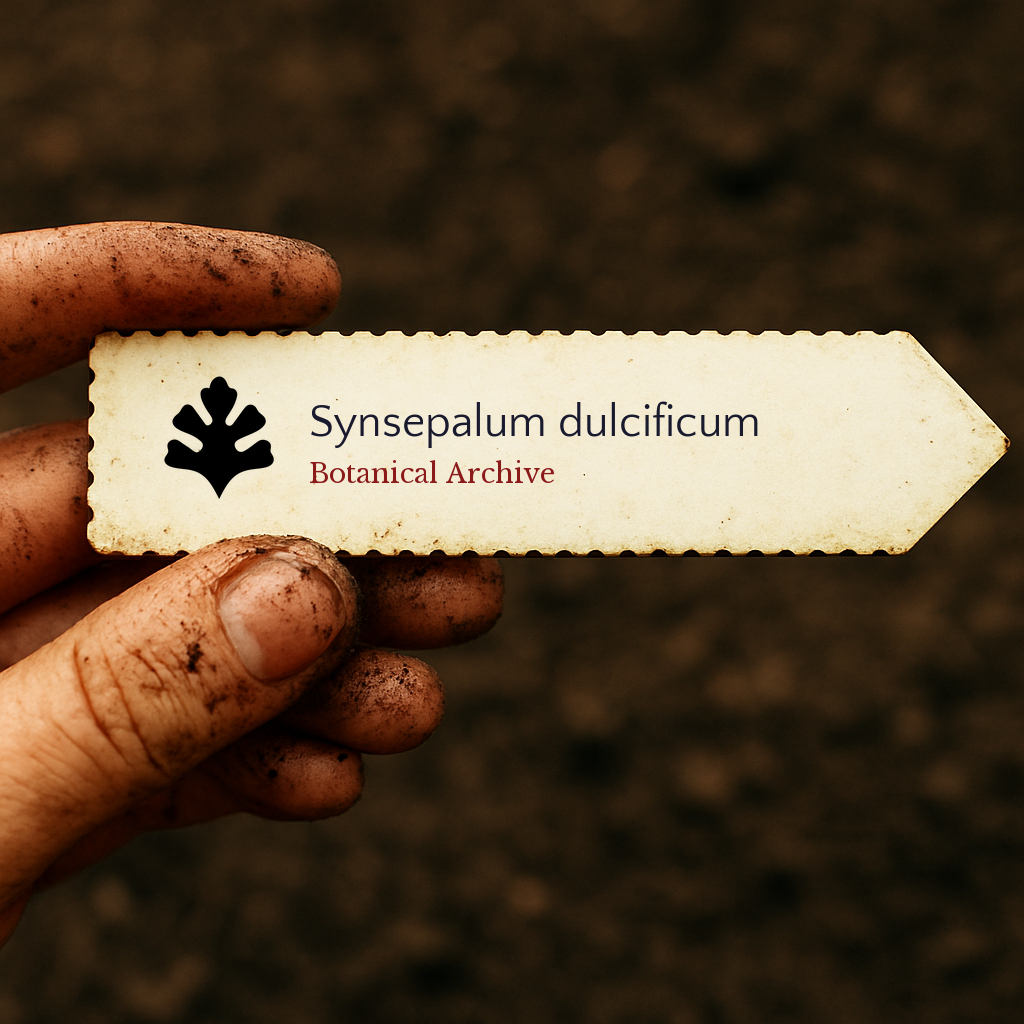 Printed plant label for Synsepalum dulcificum held by dirty hand over soil background