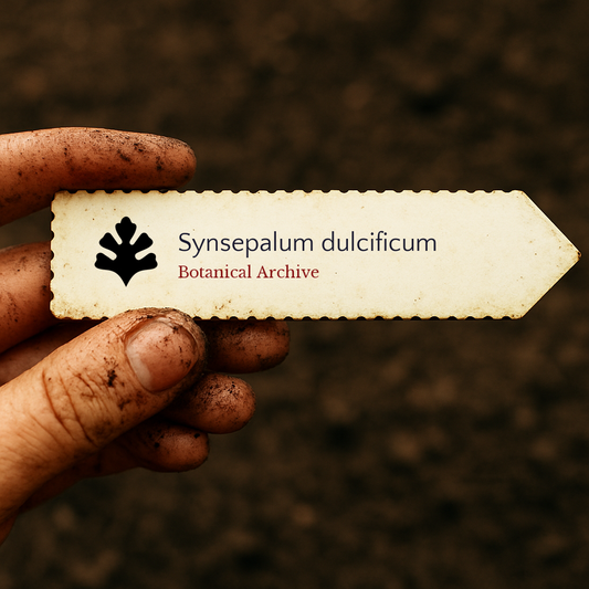 Printed plant label for Synsepalum dulcificum held by dirty hand over soil background