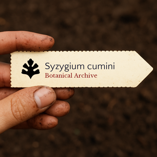 Printed plant label for Syzygium cumini with botanical archive logo held over soil