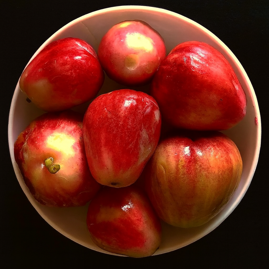 Mele Malay Syzygium malaccense mature lucide rosse in ciotola bianca su sfondo nero