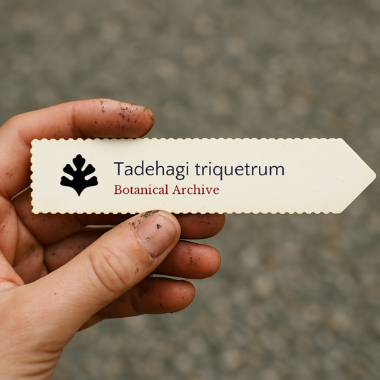 Etichetta vegetale stampata per Tadehagi triquetrum tenuta da mano sporca all'aperto