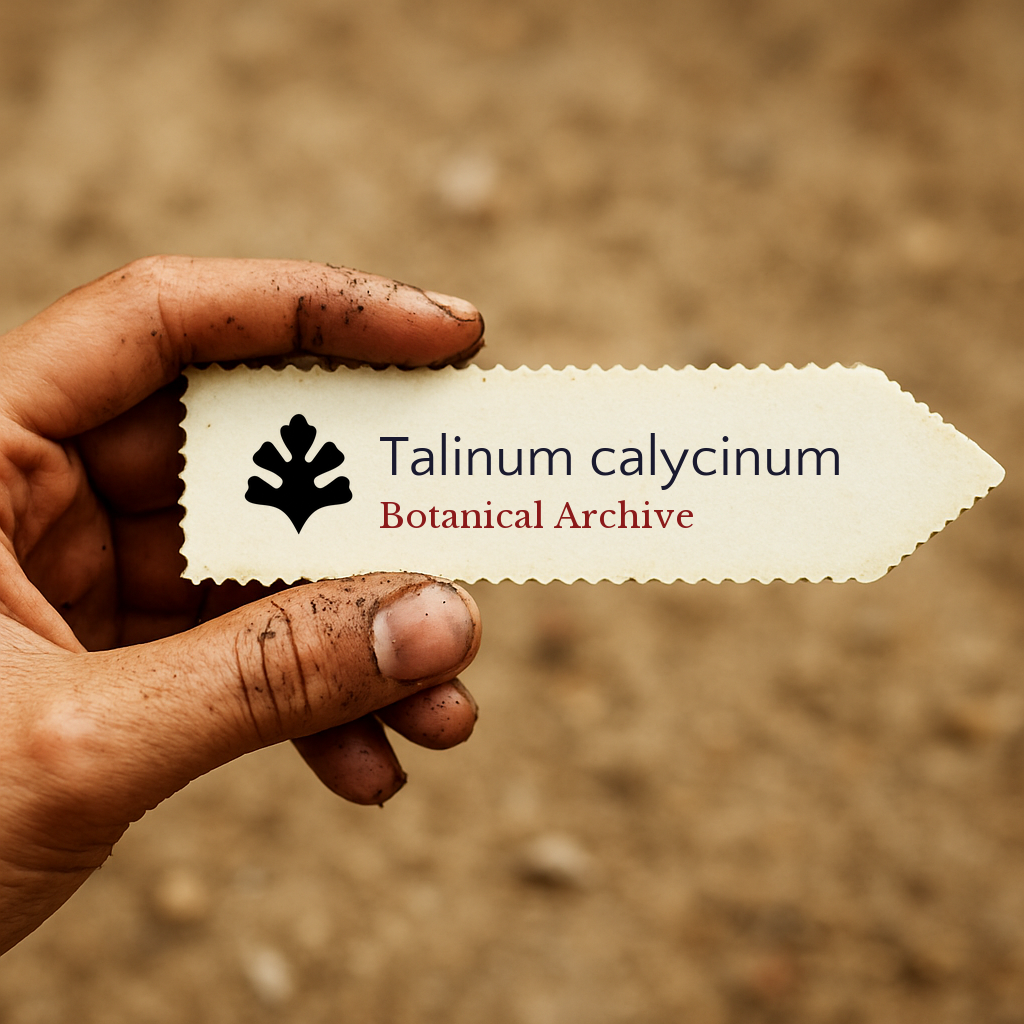 Etichetta per pianta stampata per Talinum calycinum tenuta da una mano sporca con sfondo di terra