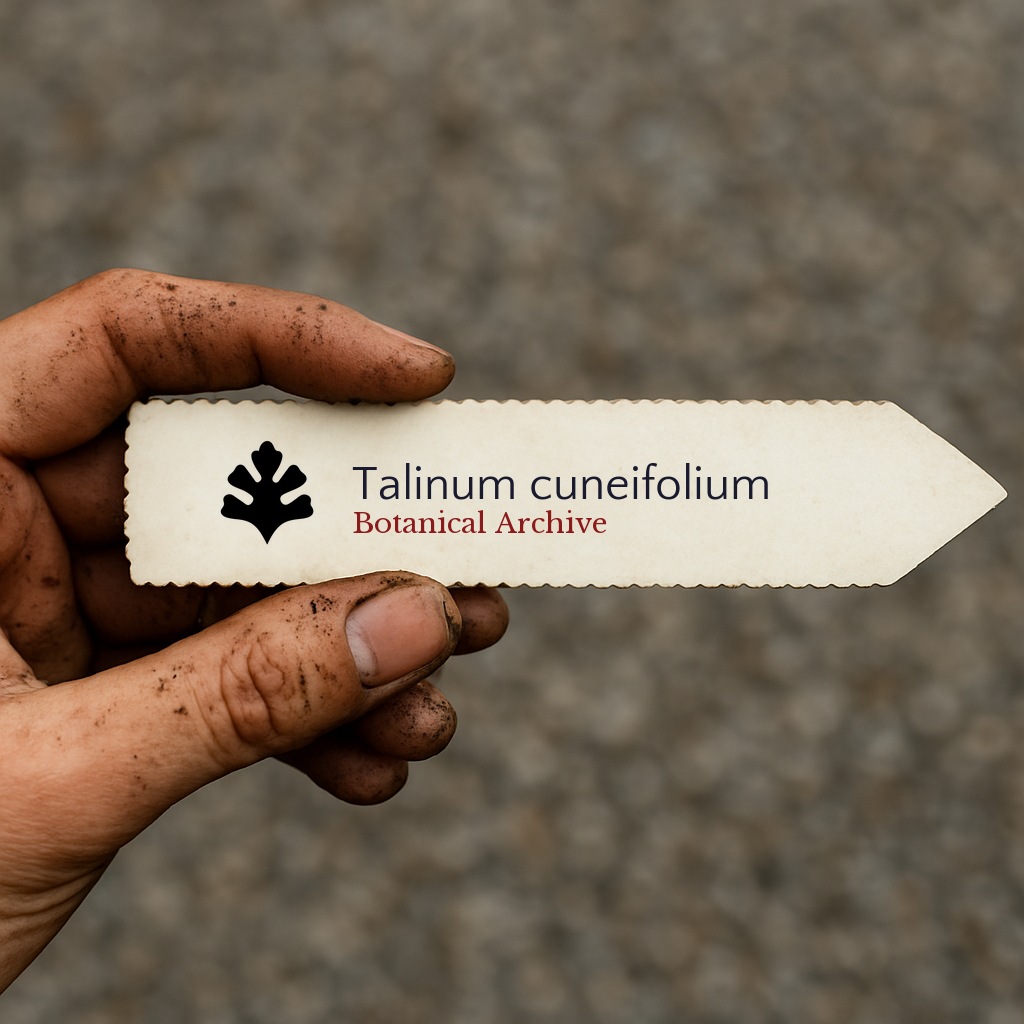 Printed plant label for Talinum cuneifolium held by dirty hand against blurred background