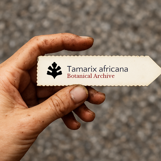 Printed plant label for Tamarix africana held by dirty hand against blurred background